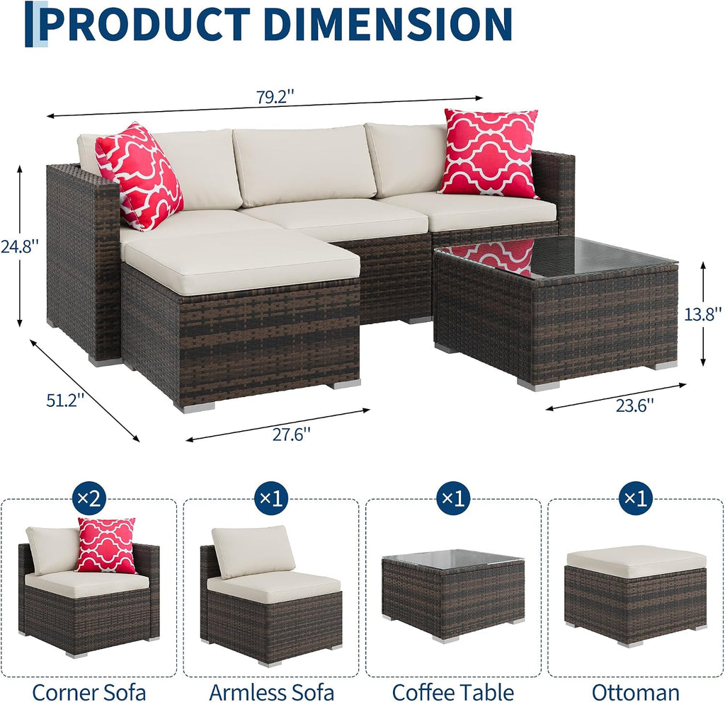 5-Piece Outdoor Patio Sectional Sofa Set - Brown/Beige | PE Rattan L-Shaped All-Weather Conversation Furniture Set