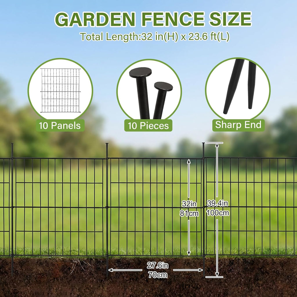 10 Panels No Dig Decorative Outdoor Garden Fence with Gate, 32in (H) x 23.6ft (L) Rustproof Metal Wire Rabbit Dog