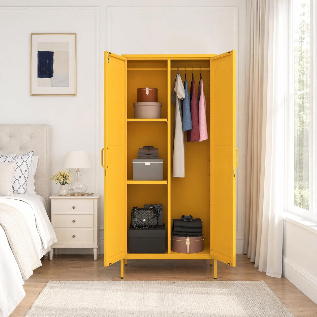 67 Inch Lockable Yellow Steel Wardrobe Storage Cabinet, Freestanding Metal Armoire Locker with Hanging Rod and