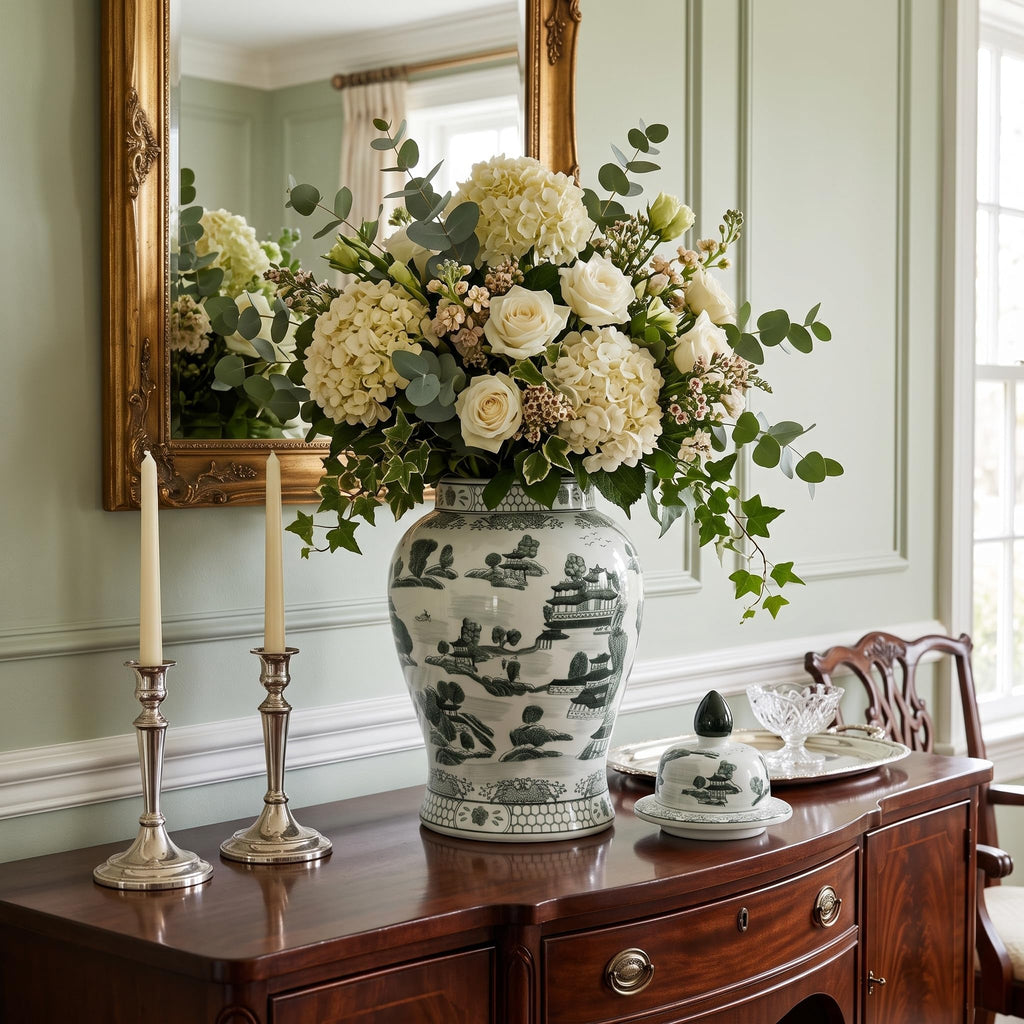 Large 25" Black & White Classic Landscape Chinoiserie Ceramic Temple Jar w/Lid - Ginger Jar Home & Kitchen Decor for