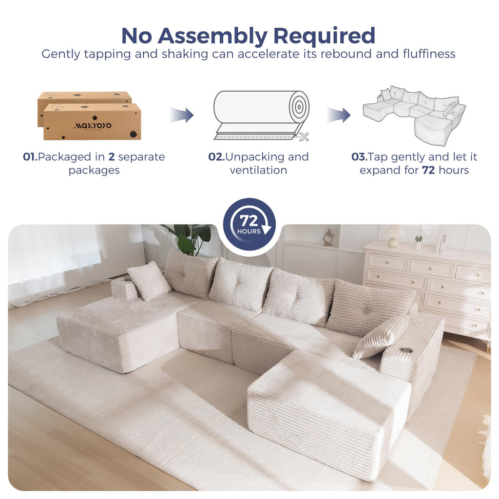 Boneless Couch, 132" U-Shaped Modular Sofa, Left-Facing Chaise
