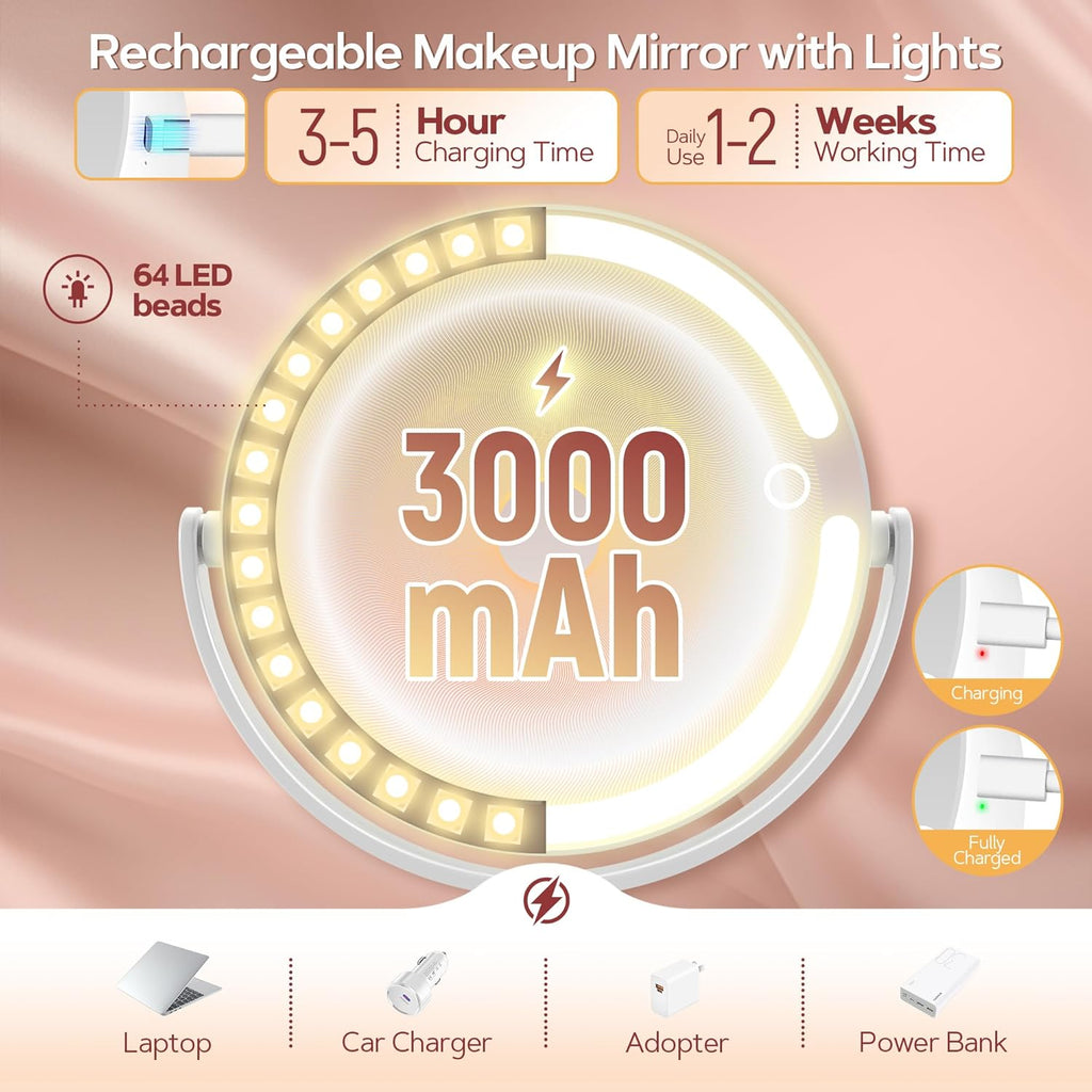 Vanity Mirror with Lights, 30X Magnifying Makeup Mirror with 3 Lighting and Adjustable Brightness, Rechargeable 2