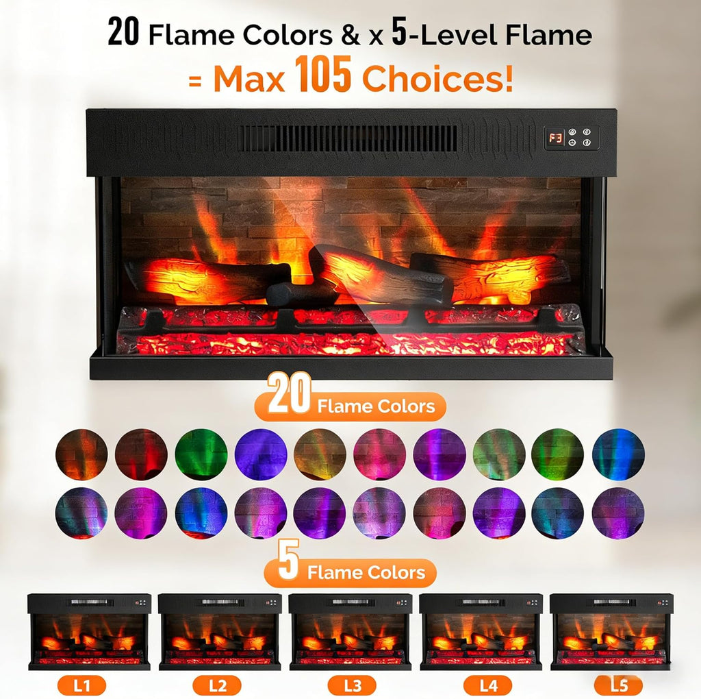 28 Inch 3-Sided Glass Electric Fireplace Insert, Electric Fireplace Heater with Remote Control