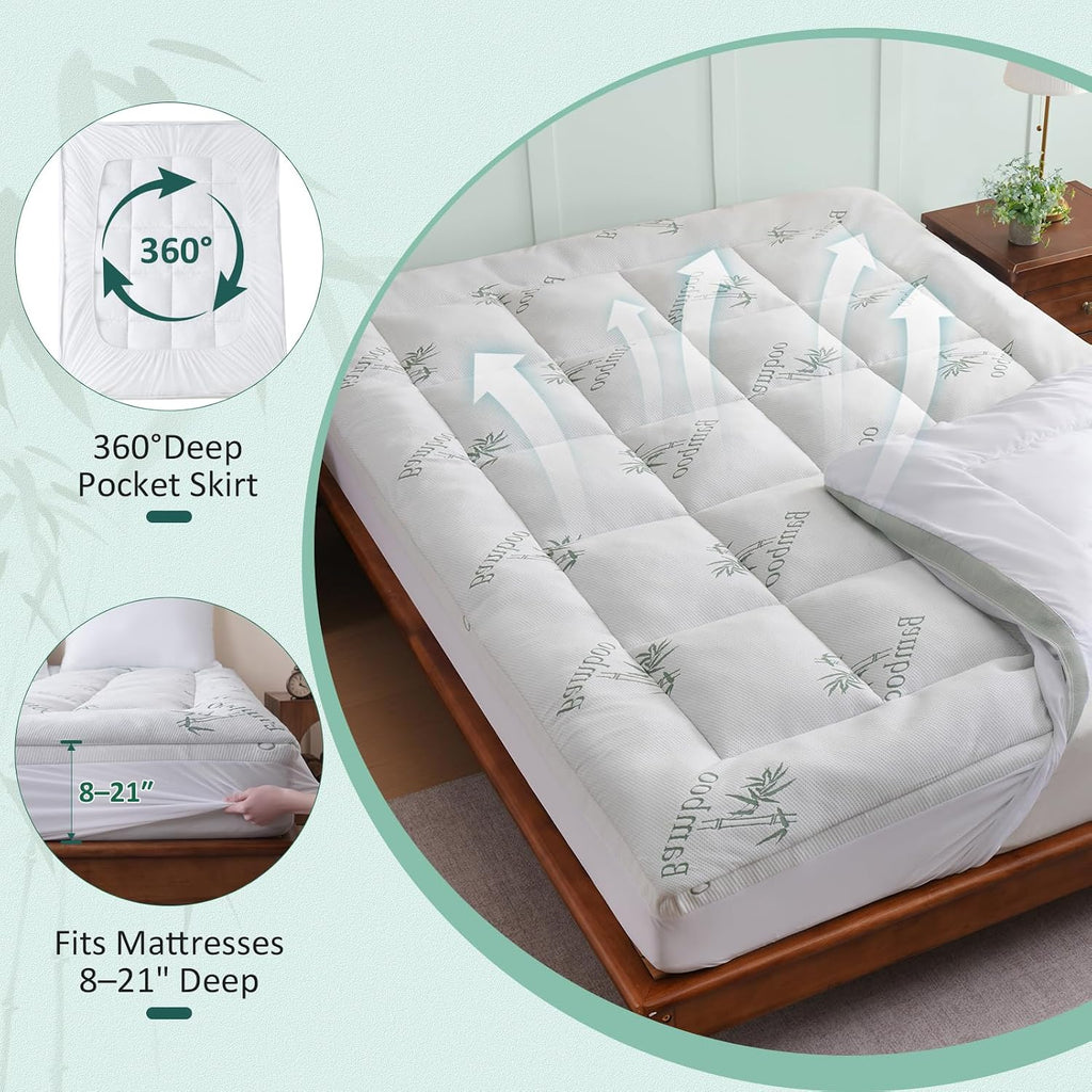 Memory Foam Mattress Topper Full, Viscose Derived from Bamboo | Pillow Top Mattress Pad for Back Pain Relief | Deep