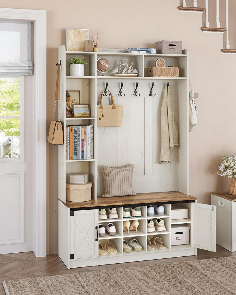 47.2" Hall Tree, LED Farmhouse Entryway Storage and Coat Rack Wood, Entryway Furniture with 7 Hooks, Hall Tree with