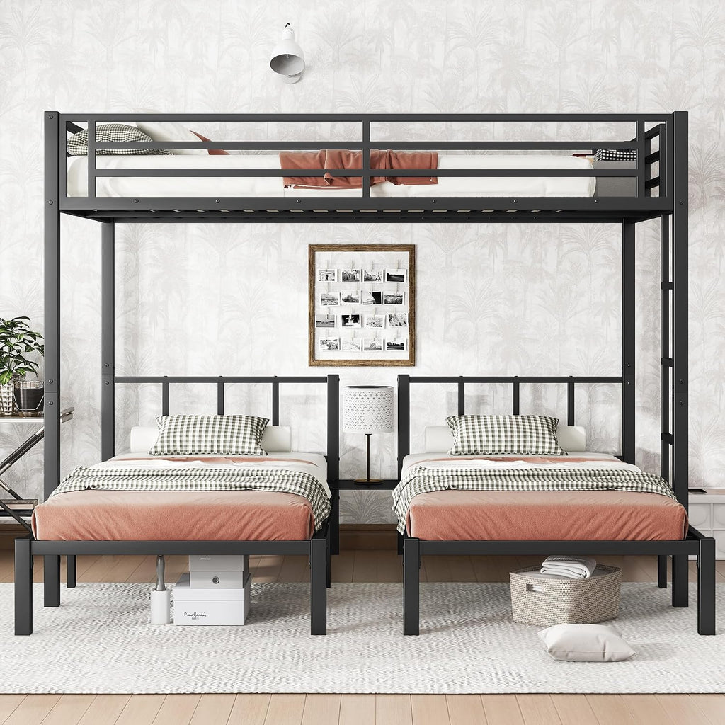 Triple Bunk Bed for Kids, Detachable Queen Over Twin & Twin Metal Bunk Bed with Guardrails, Ladder & Storage