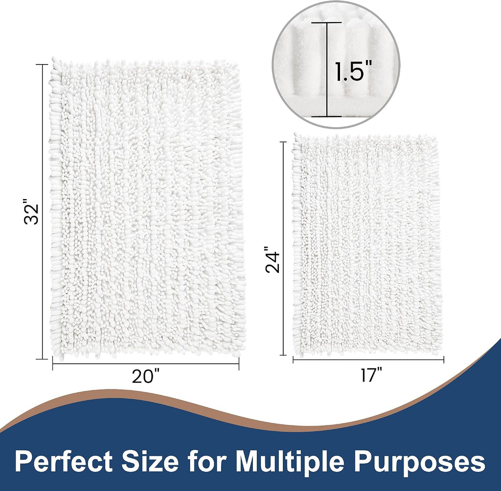 Luxury Chenille White Bathroom Rugs Sets 2 Piece, Thickened Hot Melt Rubber Bottom Bath Mats Non Slip,Bath Rugs Quick