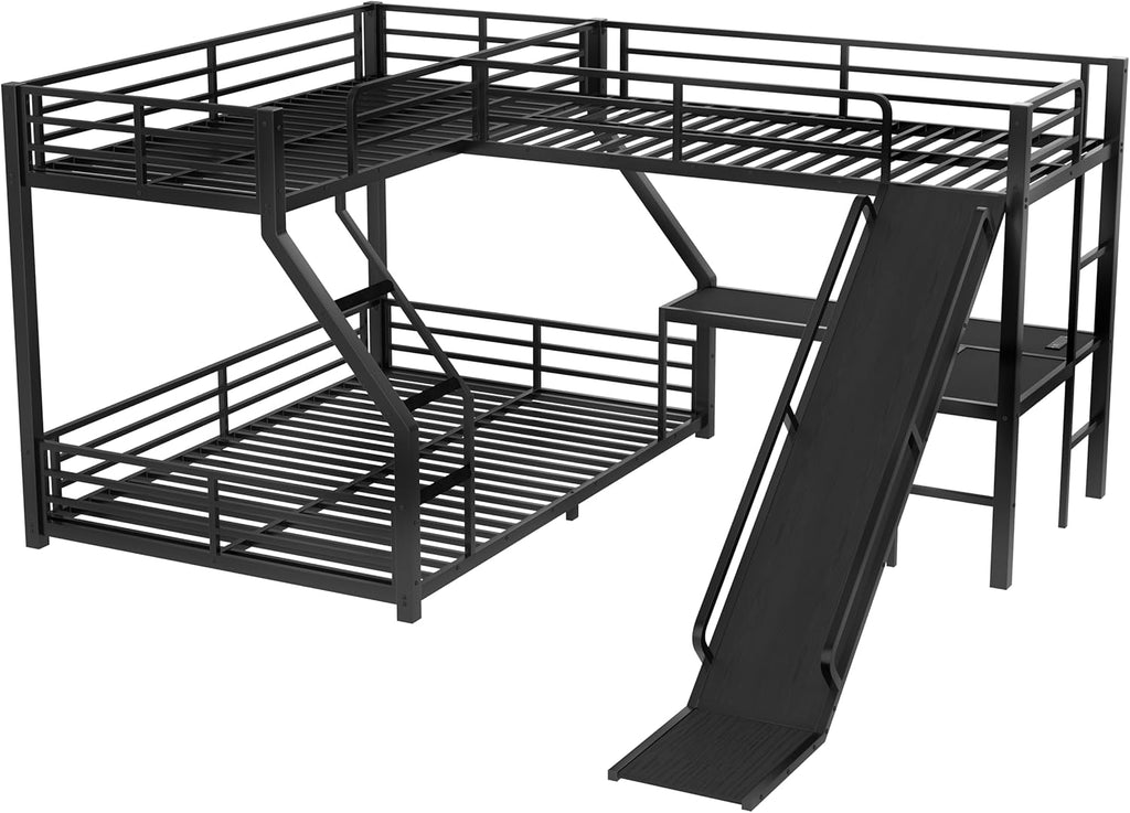 Triple Bunk Beds, L-Shape Twin XL Over Queen Bunk Bed Attached a Loft Bed with Desk