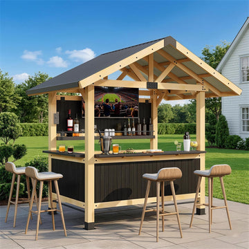 9.5' x 6.4' Outdoor Wooden Gazebo Bar Set with Galvanized Steel Roof, 3 Bar Tops, Power Strip & TV Hook