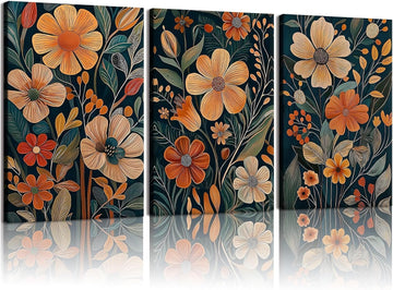 3 pcs Vintage Orange Floral Framed Canvas Wall Art, Medieval Modern Floral Paintings, Natural Botanical Artwork
