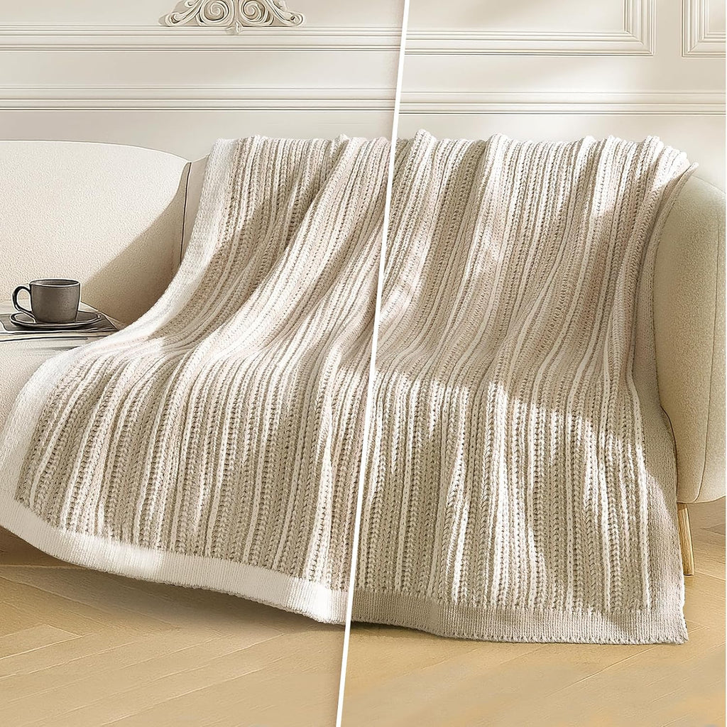 Striped Knit Throw Blanket, Dual-Sided Soft Chenille Decorative Blankets, 50"x60", Khaki & White