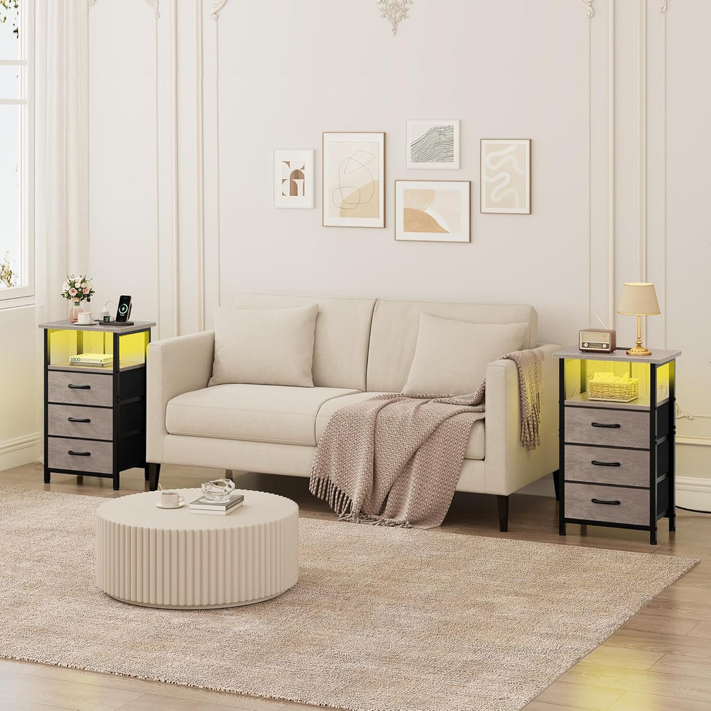 Night Stand Set 2 with Charging Station, LED Nightstand , Bedside Table with 3 Fabric Drawers, End Table Side Table