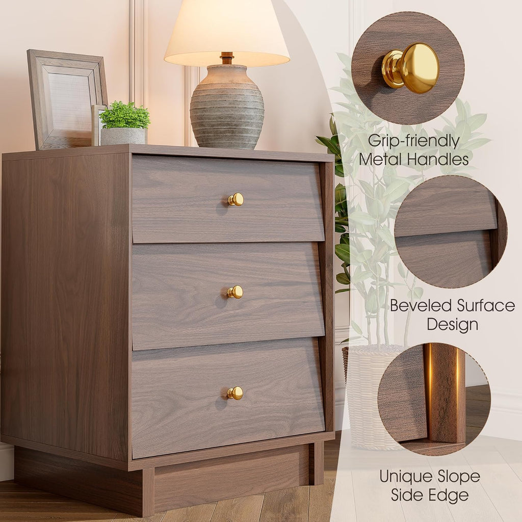 Nightstand with 3 Drawers and Charging Station, Mid Century Modern Bedside Table, 19" Wide Wood End Table with