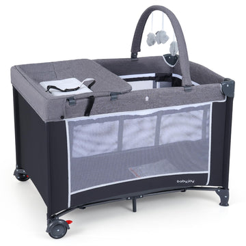 3 in 1 Play Yard, Travel Crib Bassinet Bed for Baby, Changing Table w/Safety Belt, Hanging Bar, Lockable