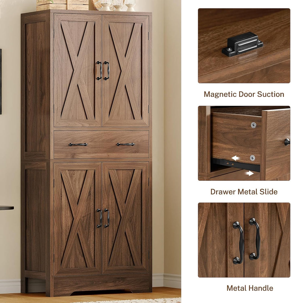 Tall Storage Cabinet with 2 Adjustable Shelves & 1 Large Drawer, Kitchen Pantry Cabinet with 4 Doors, Bathroom