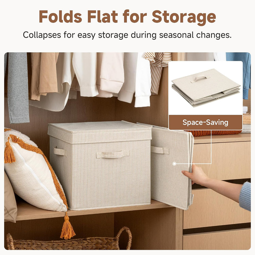 Storage Bins with Lid, Decorative Fabric Storage Bins with Handles, Stackable Closet Organizers for Shelves and