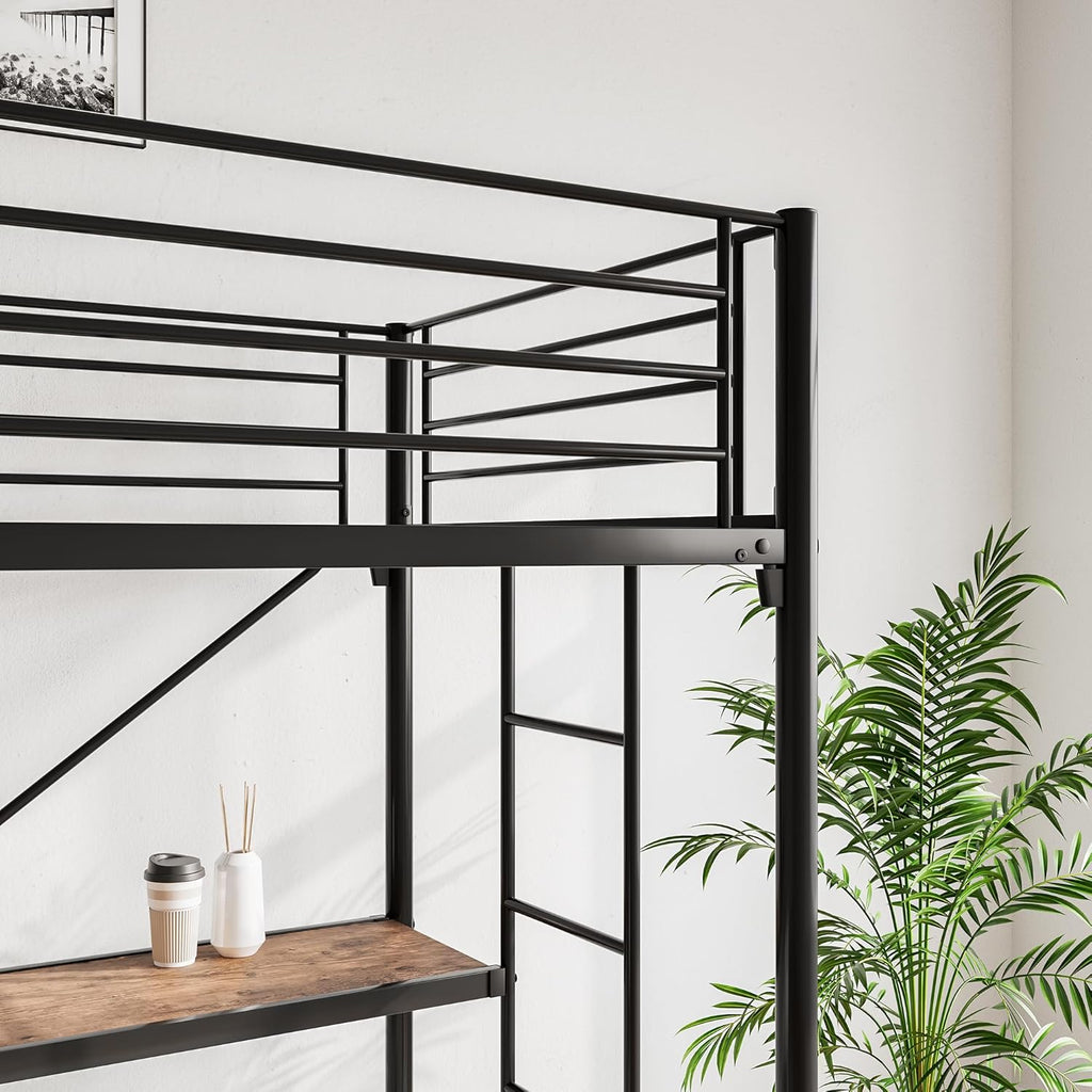 Metal Loft Bed with Desk & 2 Built-in Ladders,Safety Guard Rail, Space-Saving Design, No Box Spring Needed, Twin Black