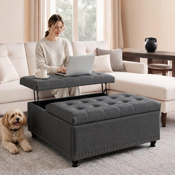 35.5 Inch Large Square Ottoman with Storage, Lift Top, Dark Gray