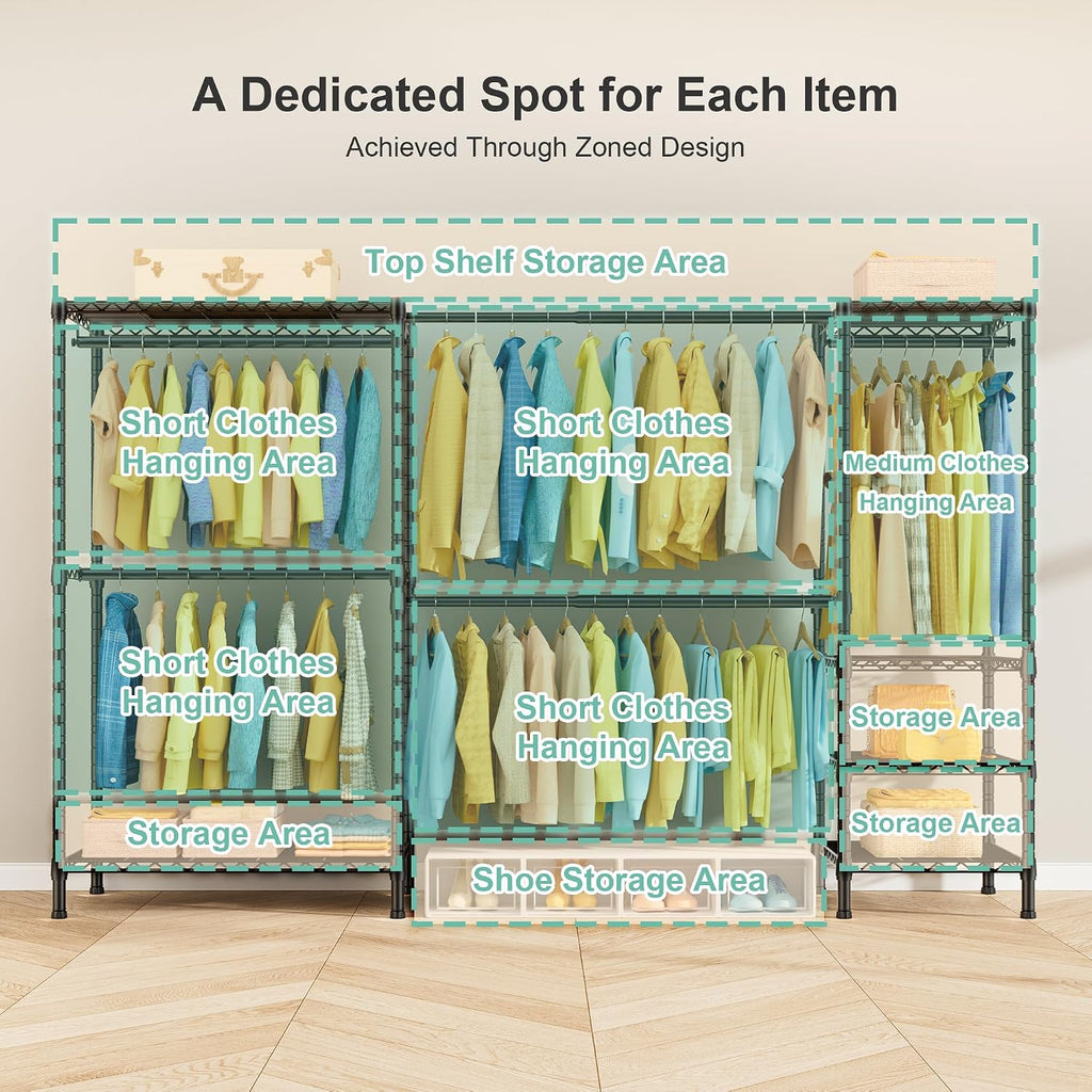 E01 Expandable Heavy Duty Clothes Rack, Free Standing Closet System | 72.5-96" Adjustable Portable Garment & Clothing