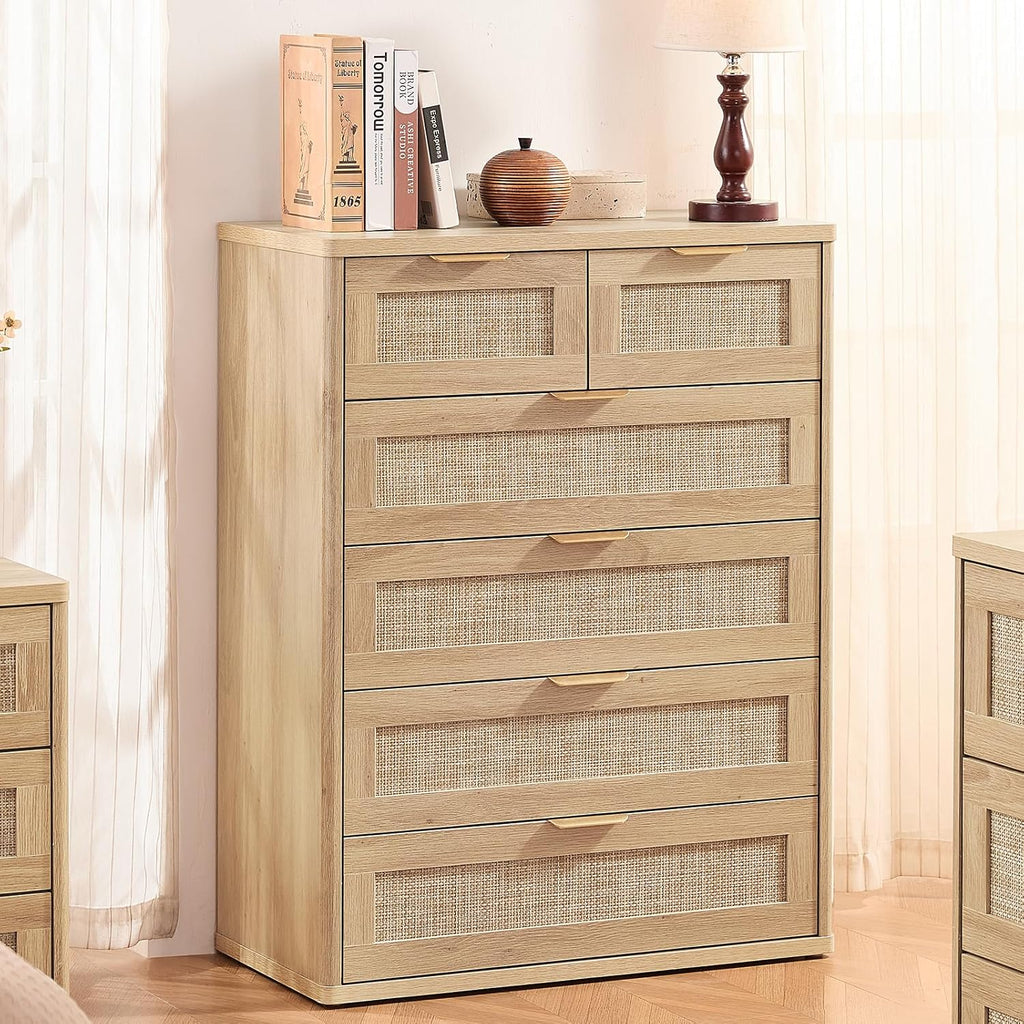 Rattan Dresser , 41" Tall Chest of Drawers | Gold Metal Handle, Oak Modern 6 Drawers Boho Dressers with Storage