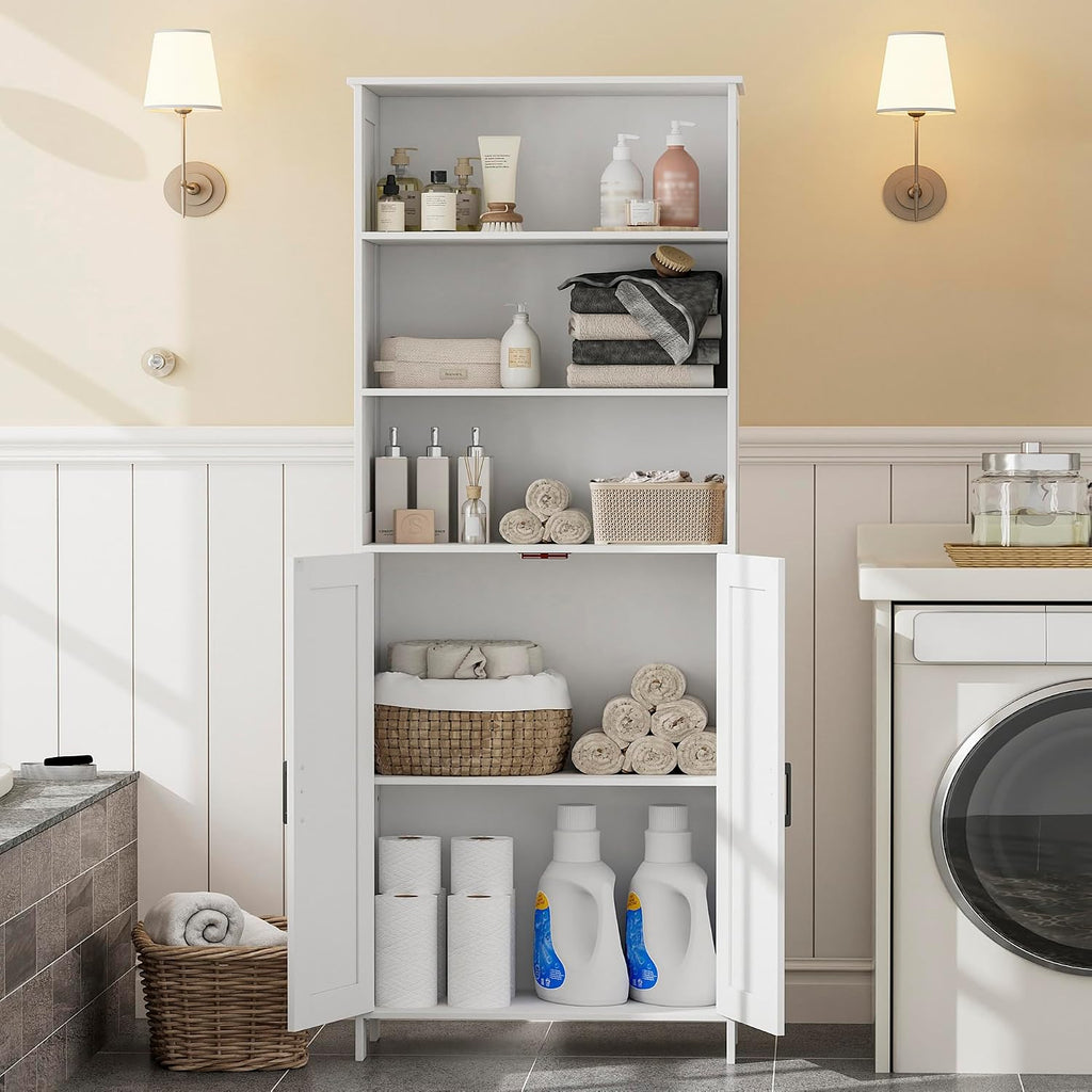 67" Tall Bathroom Storage Cabinet, Bathroom Floor Cabinet | Freestanding Farmhouse Cabinet with Doors and Adjustable