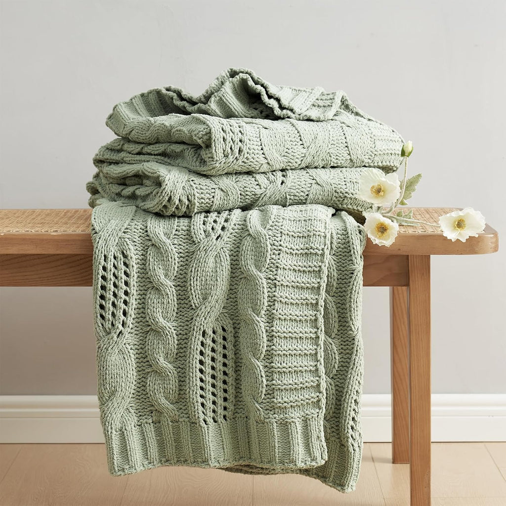 Chunky Knit Throw Blanket, Dual-Sided Soft Chenille Breathable Cable Knitted Blanket, Farmhouse Decorative Throw