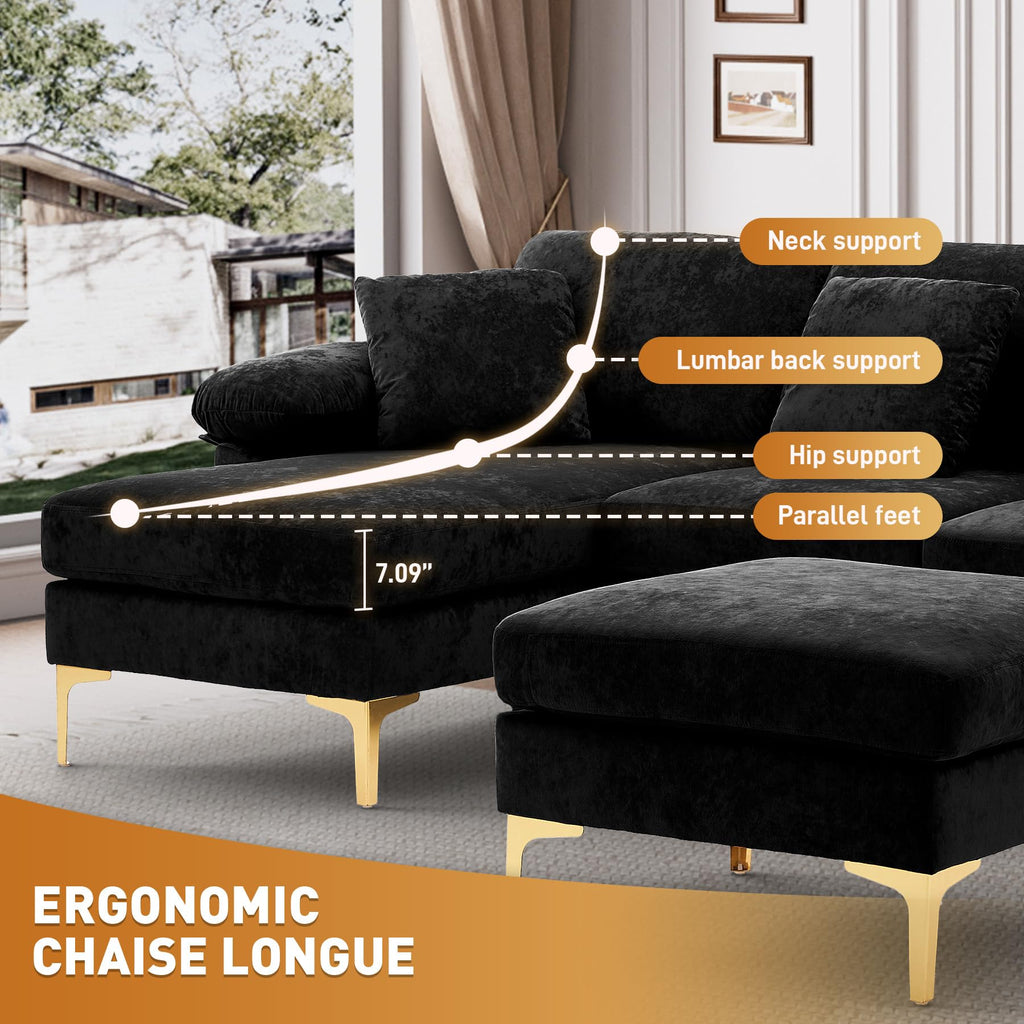 114" U-Shaped Velvet Sectional Couch with Ottoman, Black