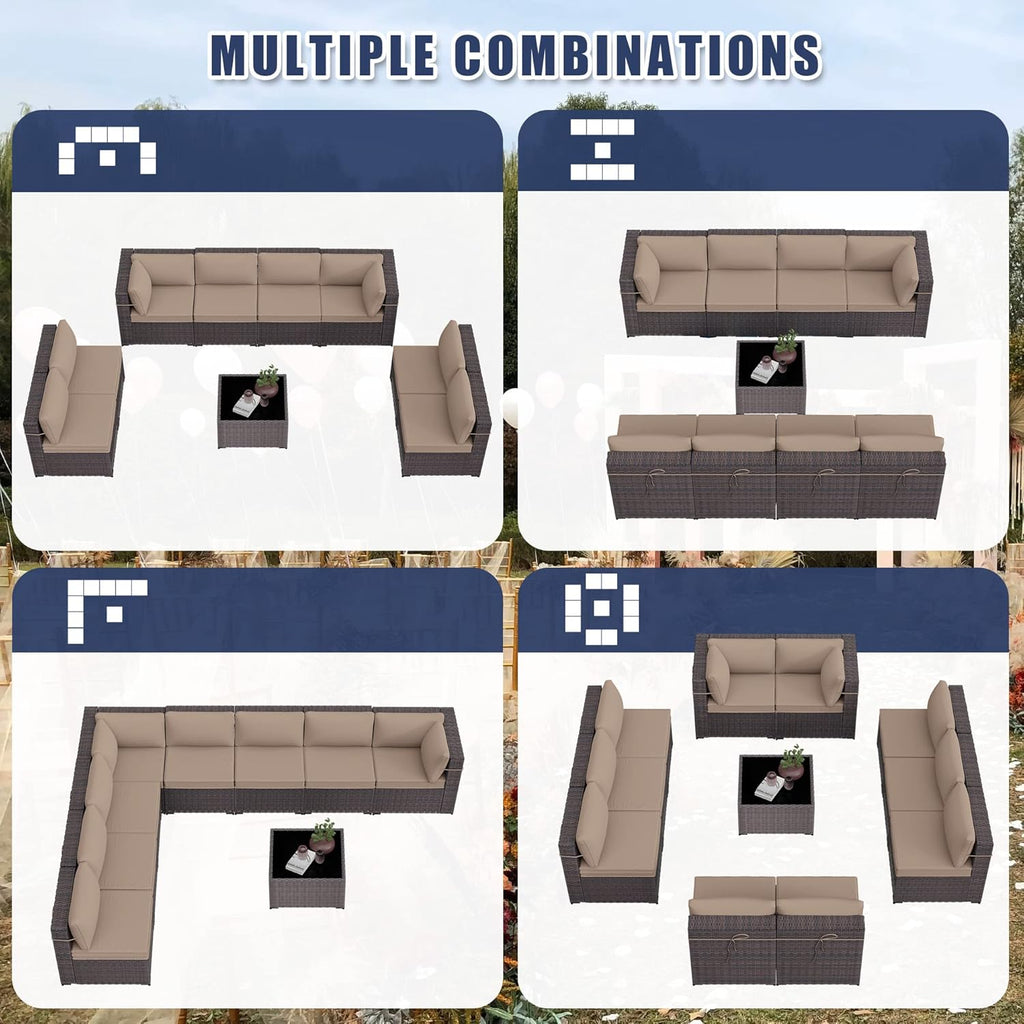 9 Pieces Patio Furniture Set, Rattan Wicker Outdoor Conversation Sets w/4 Inch Cushion and Glass Coffee