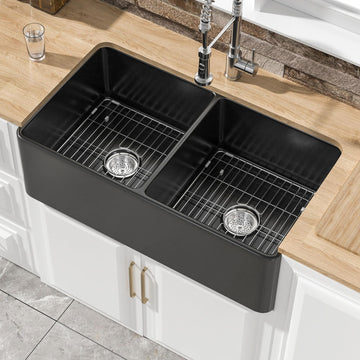 33" x 18" Black Farmhouse Sink Double Bowl 50/50