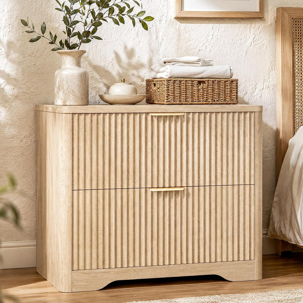 Lateral File Cabinet with 2 Drawers, Natural Oak Fluted Filing Cabinet | Fluted File Cabinet for Letter/Legal/A4 Size