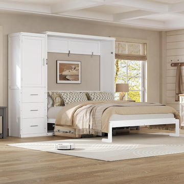 Queen Murphy Bed with Wardrobe, Farmhouse Hidden Foldable Wall Bed Frame with Storage Drawers, Space-Saving Storage