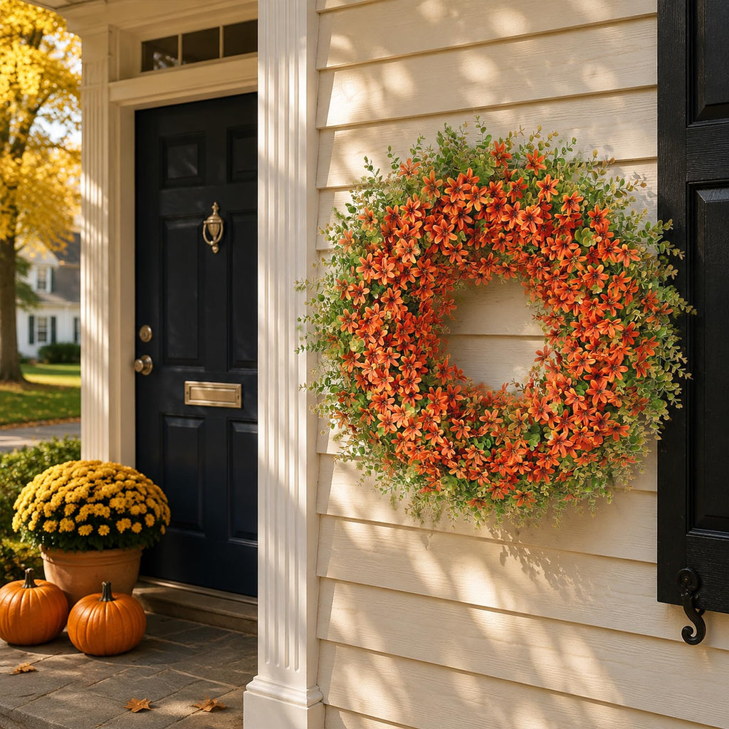 32" Large Artificial Eucalyptus Silk Flower Wreath for Outdoor(Fall Orange)