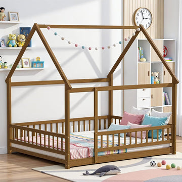 Queen Size Montessori Floor Bed Frame with Slats and Fence, Wooden House Bed for Boys Girls Bedroom, Light Espresso