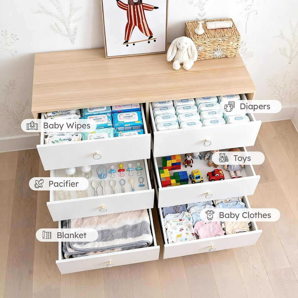 White Dresser , 6 Drawer Dressers with Solid Wood Legs, Baby Dresser for Kids, Storage for Clothes and Baby Essentials