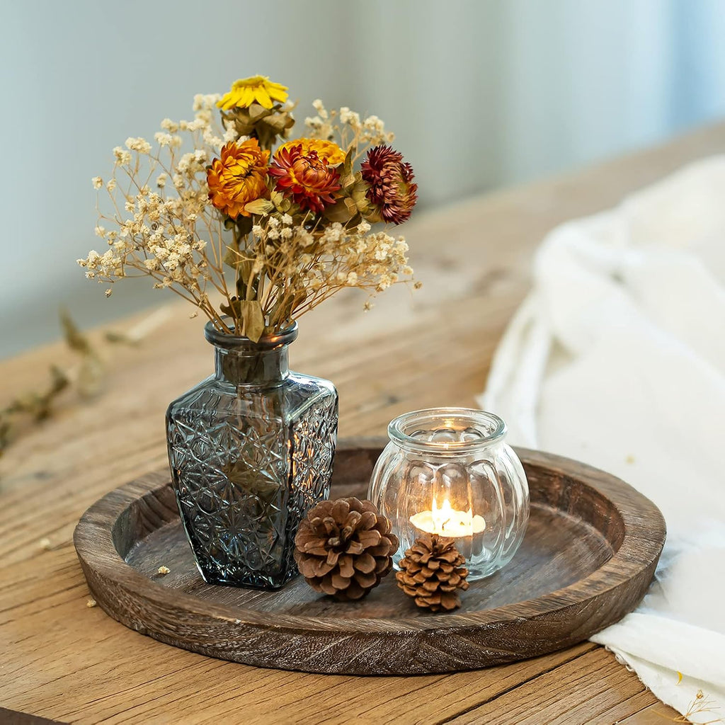 Farmhouse Wooden Candle Tray - 11 Inch Round Decorative Trays for Coffee Table Dining Centerpiece Kitchen Counter