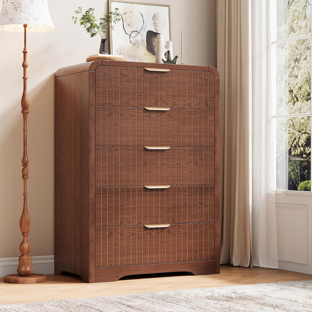 Fluted 5 Drawer Dresser, 43" Tall Dresser Chest of Drawers Curved Profile Design, Wood Mid Century Vertical Dresser