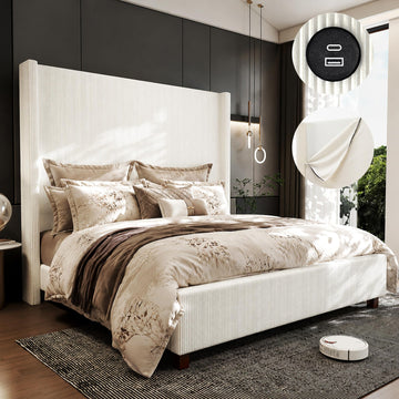 King Size 65" Upholstered Bed Frame with USB Charging Station, Soft Washable Corduroy Cover with Wingback Headboard
