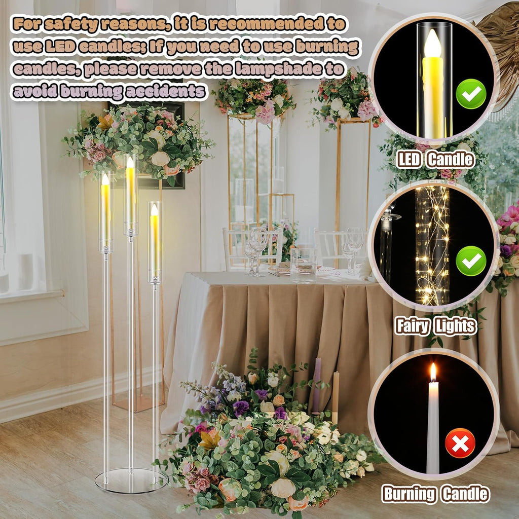 6 Set Acrylic Candelabra Centerpieces 3 Arms with 18 LED Candles 42.5'' Floor Tall Candle Holders with Acrylic Shade