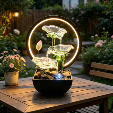 Tabletop Water Fountain,3-Tier Transparent Acrylic Lotus Leaf Zen Fountain,Indoor Water Feature with Lotus,LED Ring