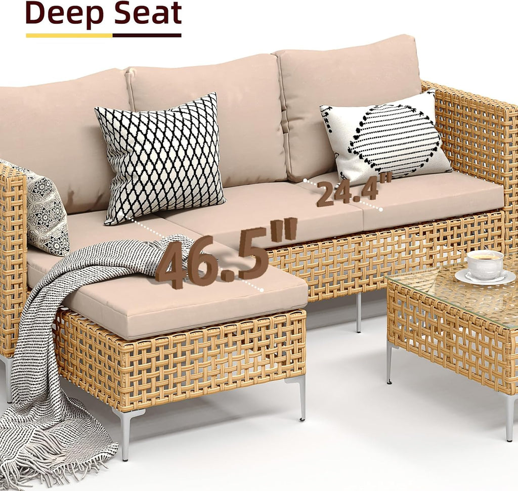 Small L-Shaped Patio Furniture Set - Weather Resistant Wicker Sectional Chaise Sofa with Thick Cushions & Tempered