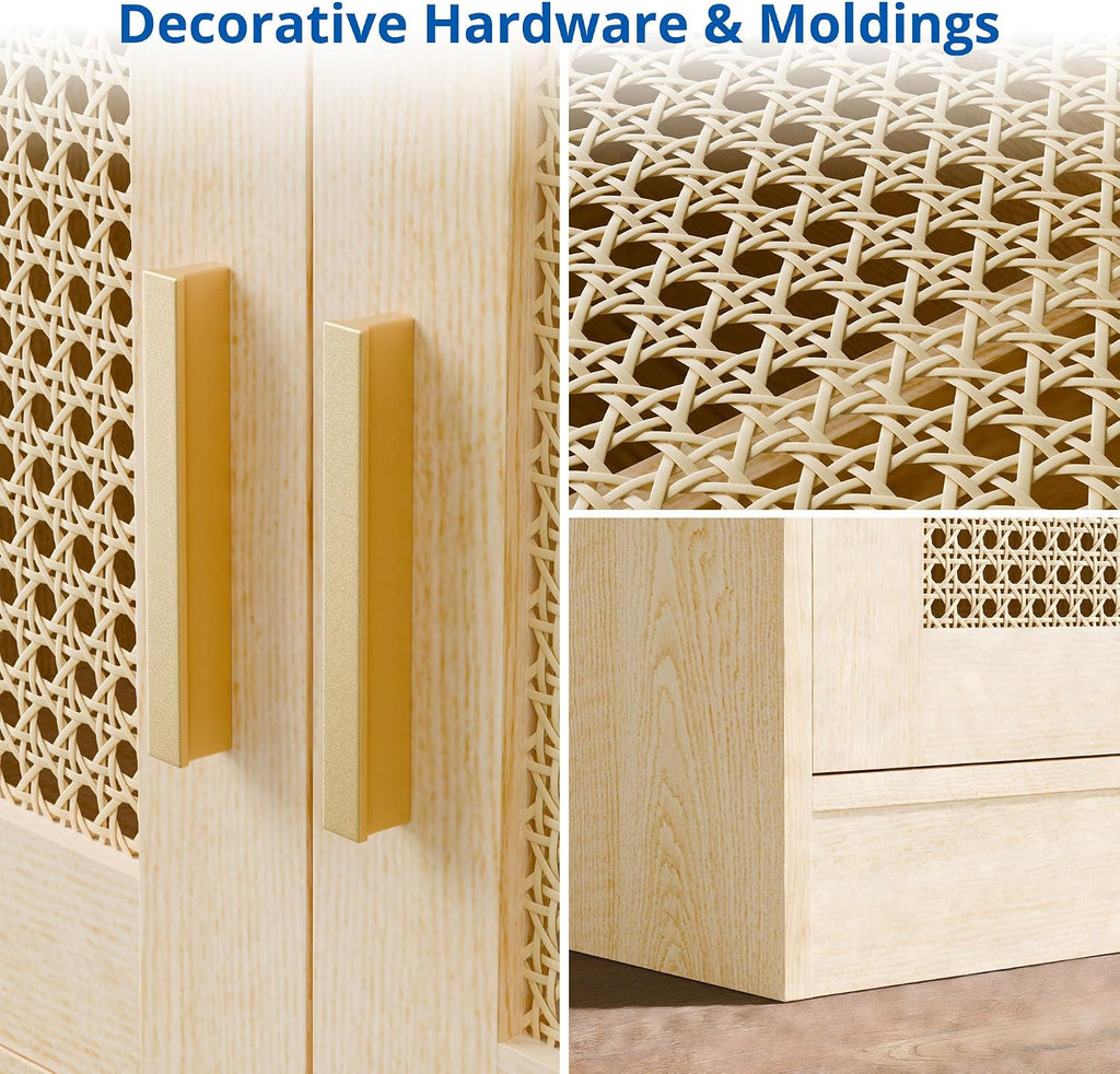 Kitchen Pantry Cabinet, 71" Tall Rattan Doors Storage Cabinet and Adjustable Shelves, Modern Farmhouse Wood Cupboard