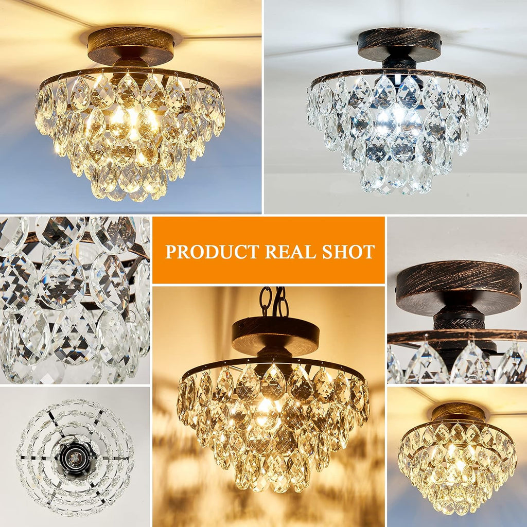 Crystal Chandelier,Modern Semi Flush Mount Small Ceiling Light Oil Rubbed Bronze,Mini E26 Ceiling Lamp Bedroom
