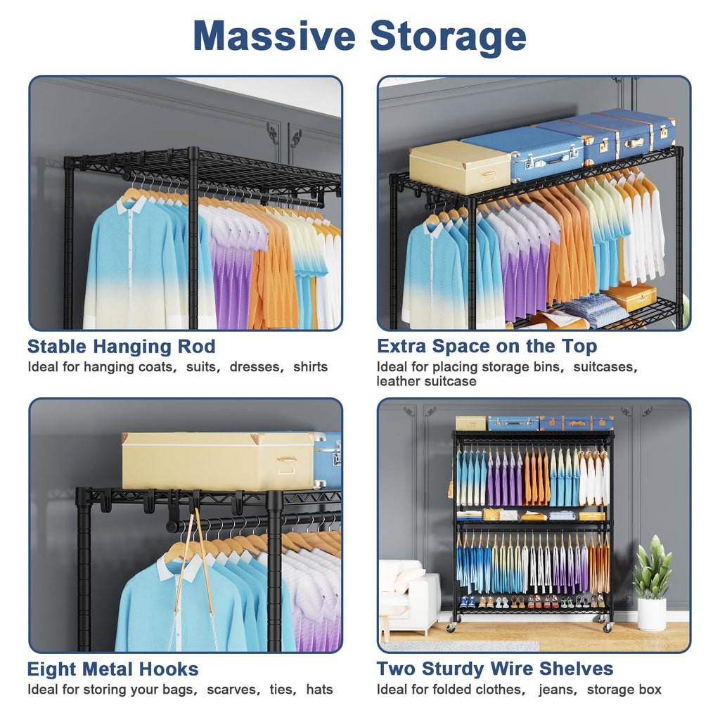 P8 Max Heavy Duty Clothes Rack(With Extended Width Design) Rolling Clothing Racks for Hanging Clothes, Portable