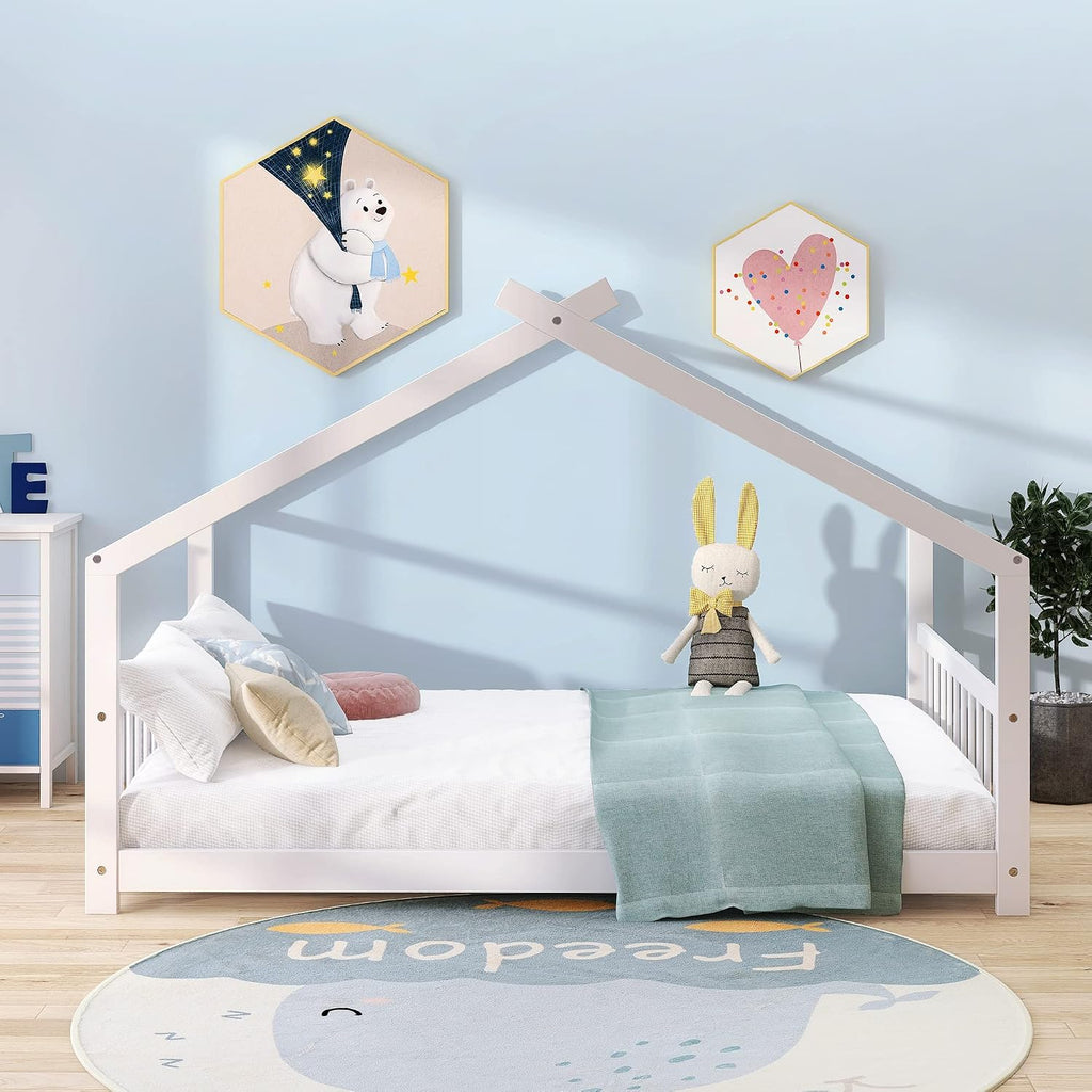 Full House Beds White Montessori Bed Wood Frame Kids Floor Bed with Headboard & Footboard for Children Boys Girls