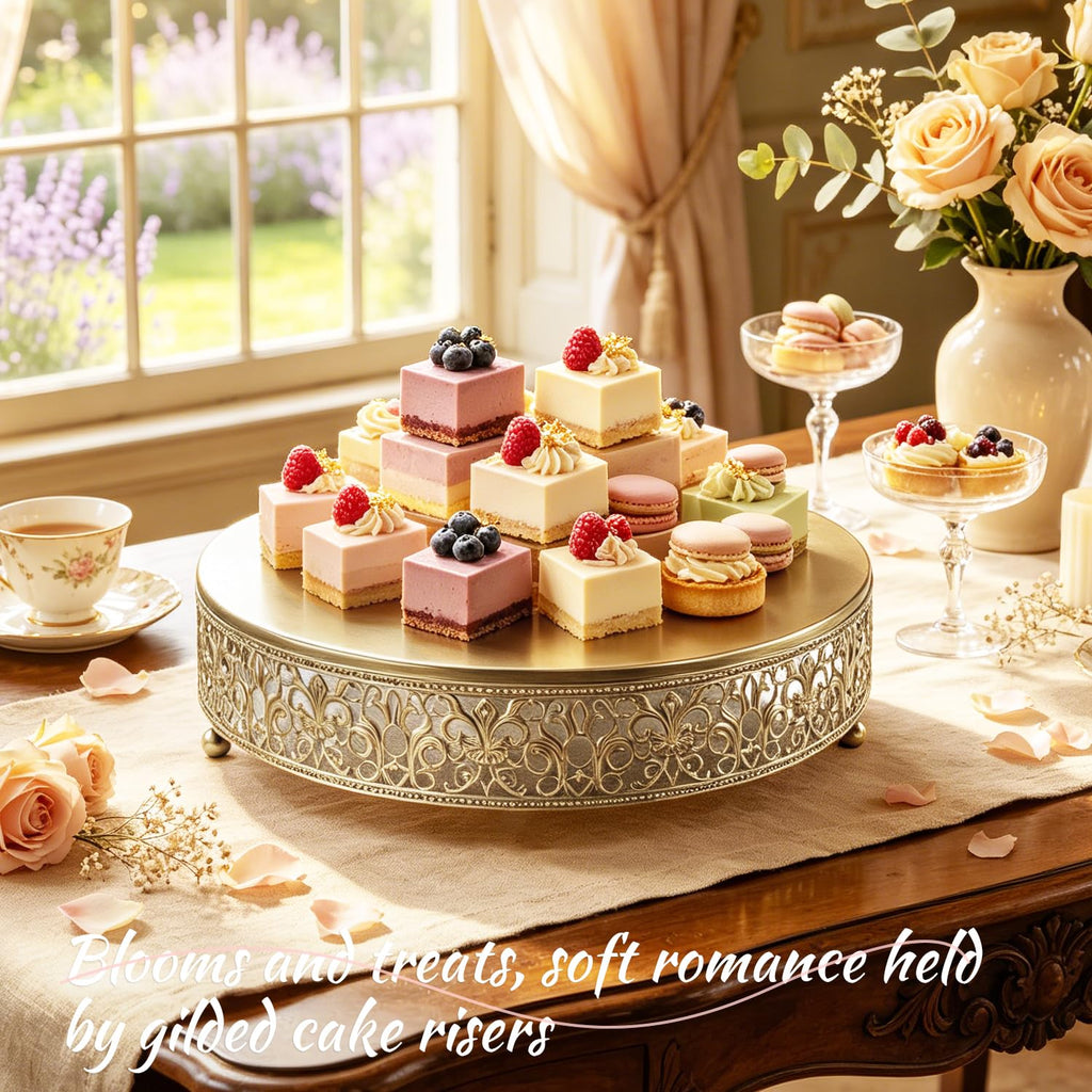 16 Inch Luxury Light Gold Cake Stand, Round Metal Dessert Display with Ornate Filigree Lace, Dual‐Coated Premium