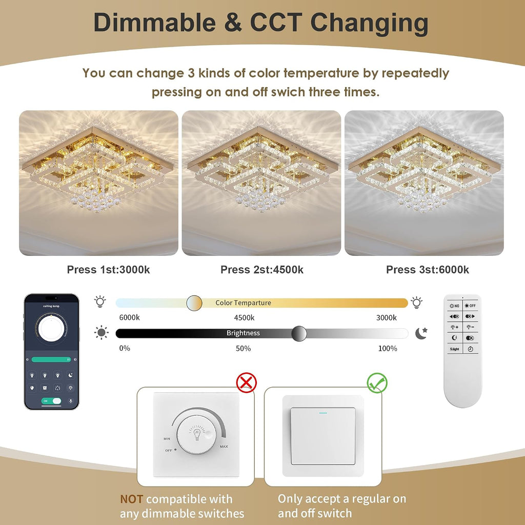 24 inch Flush Mount Chandelier Crystal Ceiling Light with Remote Control/APP, 3CCT Dimmable&Brightness Adjustable
