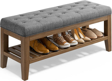 End of Bed Storage Bench, 42.9" Entryway Shoe Bench with Solid Wood Shelf, Upholstered Ottoman with Padded Seat and