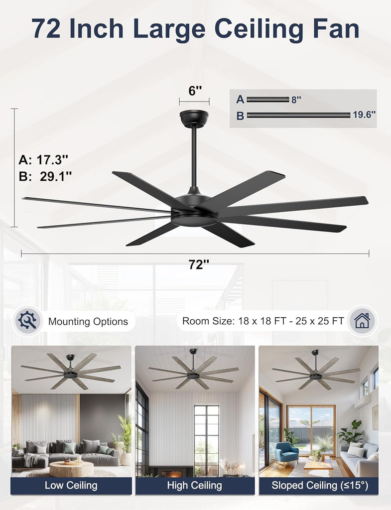 72'' Large Ceiling Fans No Lights, Modern Black Ceiling Fan Remote/APP Control