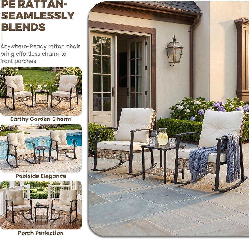 3-Piece Patio Rocking Chairs Set of 2, Rocking Chair Bistro Set [Upgraded 2.0] & 2-Tier Coffee Table, Wicker Rocking
