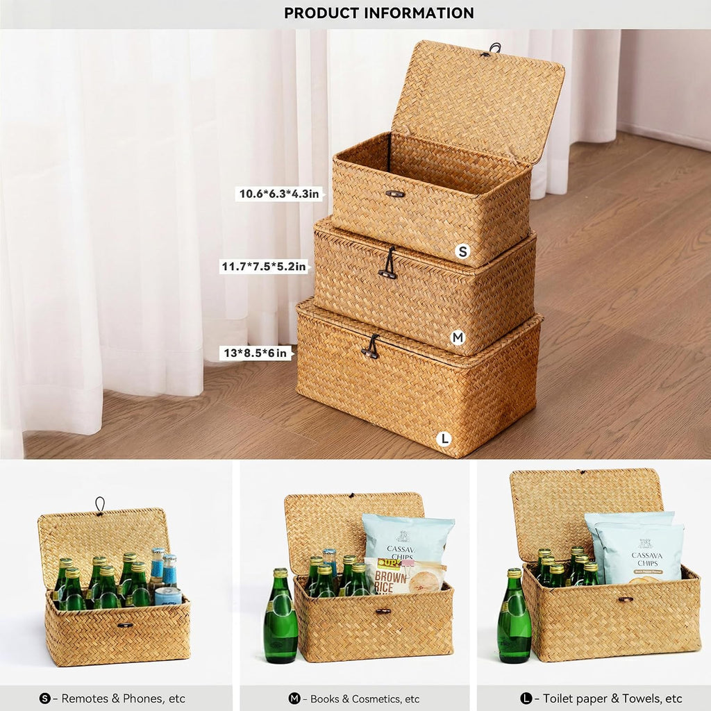 Storage Basket with Lid, Natural Seagrass Bin with Lid Set of 3, Shelf Baskets Multipurpose Container for Boho